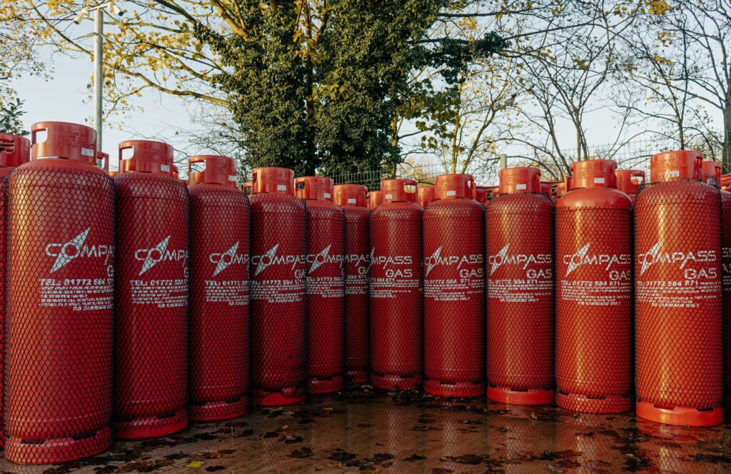 a row of propane gas bottles